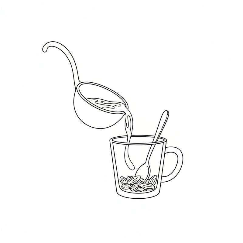 Line drawing of a ladle pouring hot wine into a glass mug with a handle, a teaspoon standing in it and raisins and almonds at the bottom