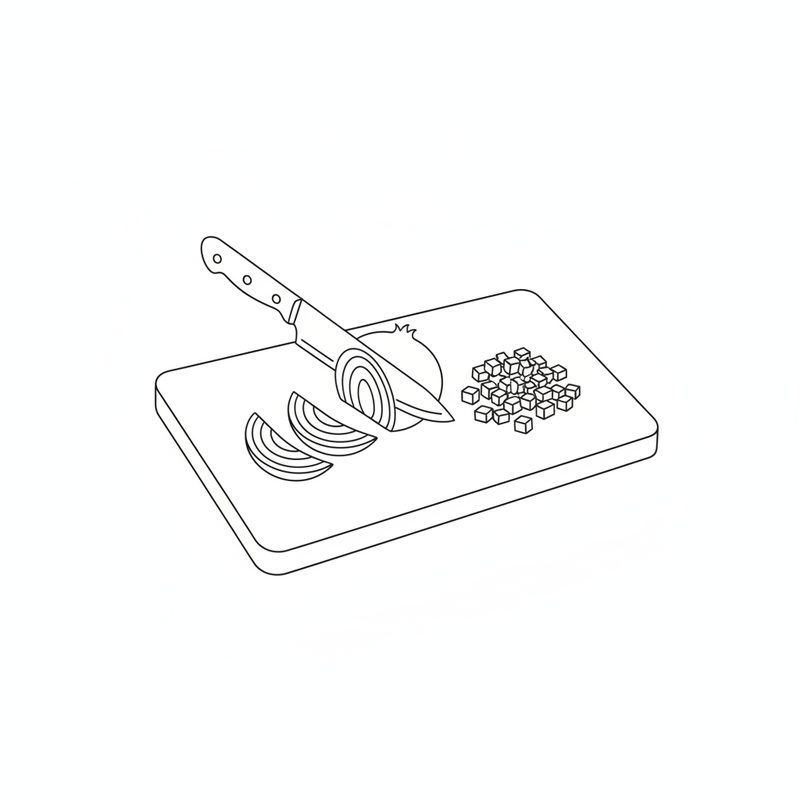 Line drawing of a knife slicing an onion on a chopping board, with onion slices to one side and a small pile of finely diced onion to the other