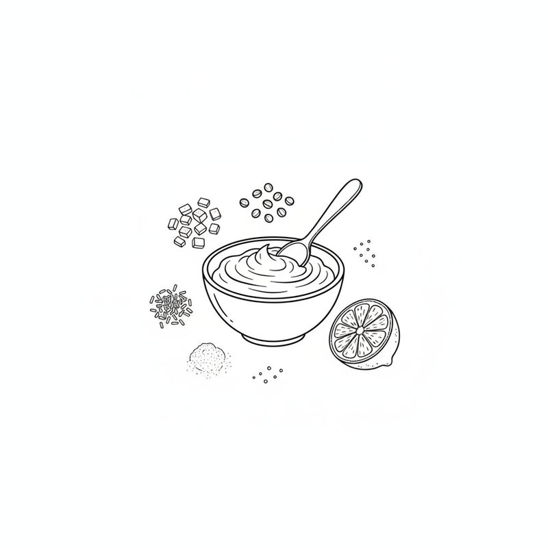Line drawing of a bowl of mayonnaise with a spoon in it, surrounded by small heaps of chopped pickles, capers, chopped onion, a little spice and half a lemon