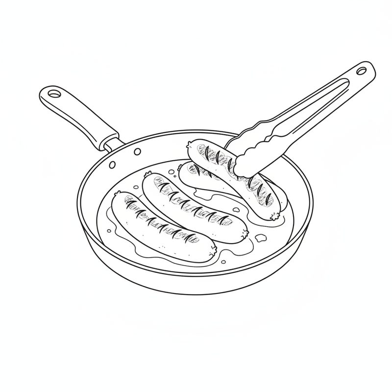 Line drawing of four scored sausages browning in a frying pan, one being turned with tongs