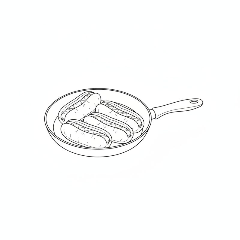 Line drawing of four split hot dog buns lying side by side in a dry frying pan