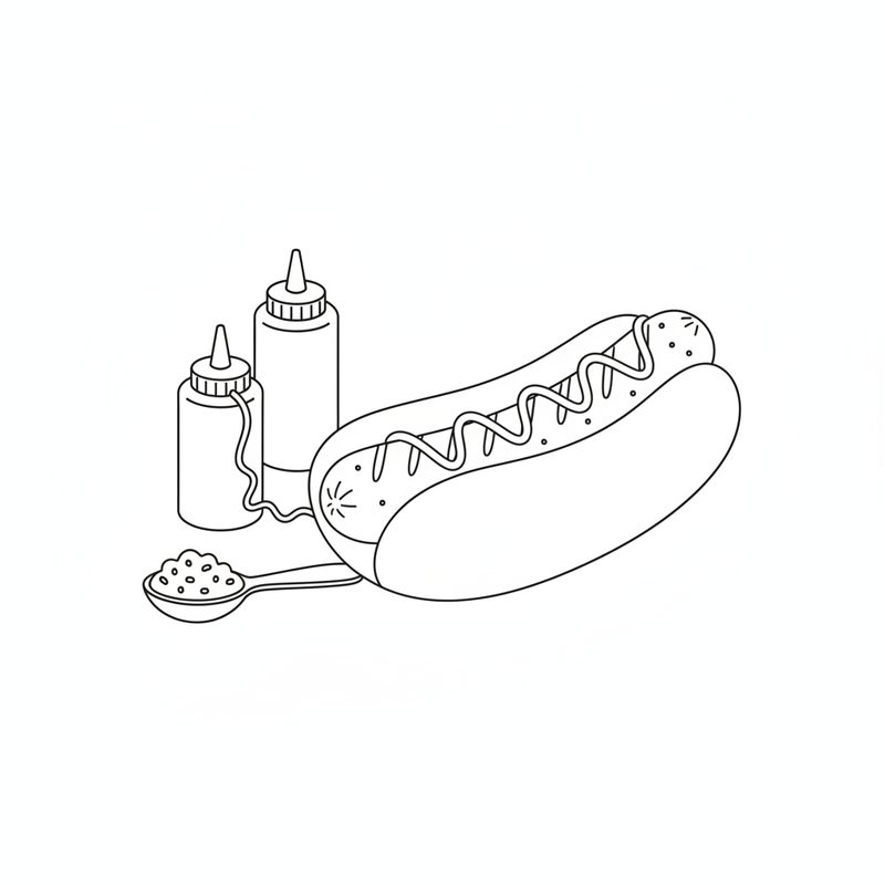 Line drawing of a sausage in a split bun with a zigzag of sauce along it, two squeeze bottles and a spoonful of remoulade beside it