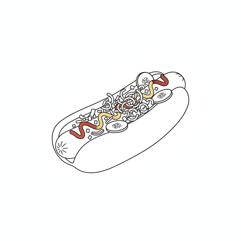 Line drawing of a finished hot dog with ketchup and mustard, chopped raw onion, crispy fried onions and round pickled cucumber slices on top