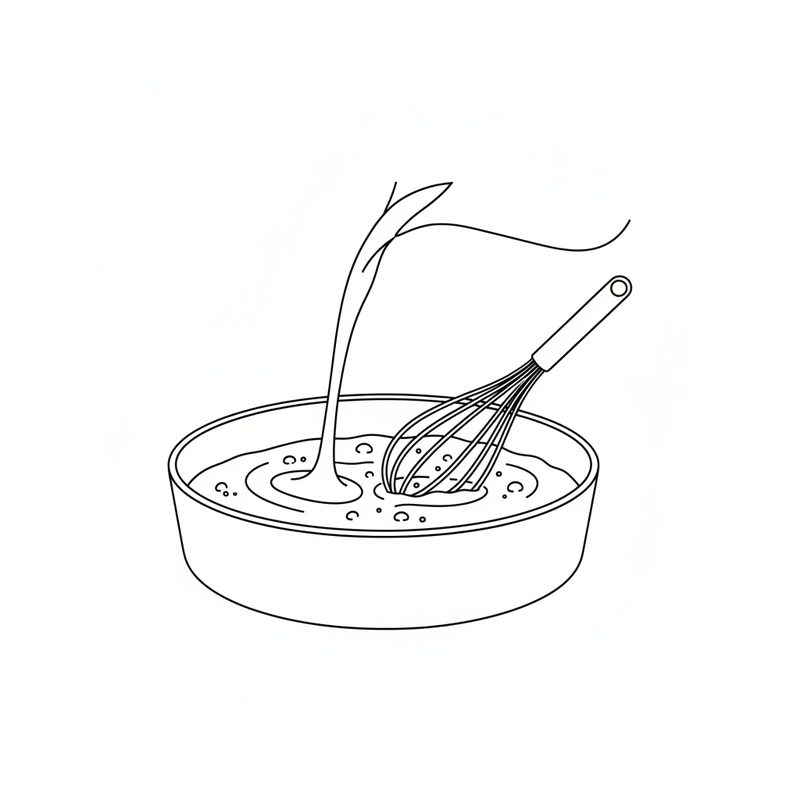 Line drawing of cream being poured into a pan of sauce while a whisk stirs it