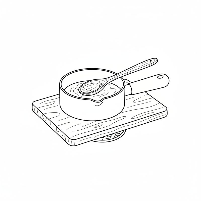 Line drawing of a saucepan of melted butter resting on a wooden board, a wooden spoon lying across it
