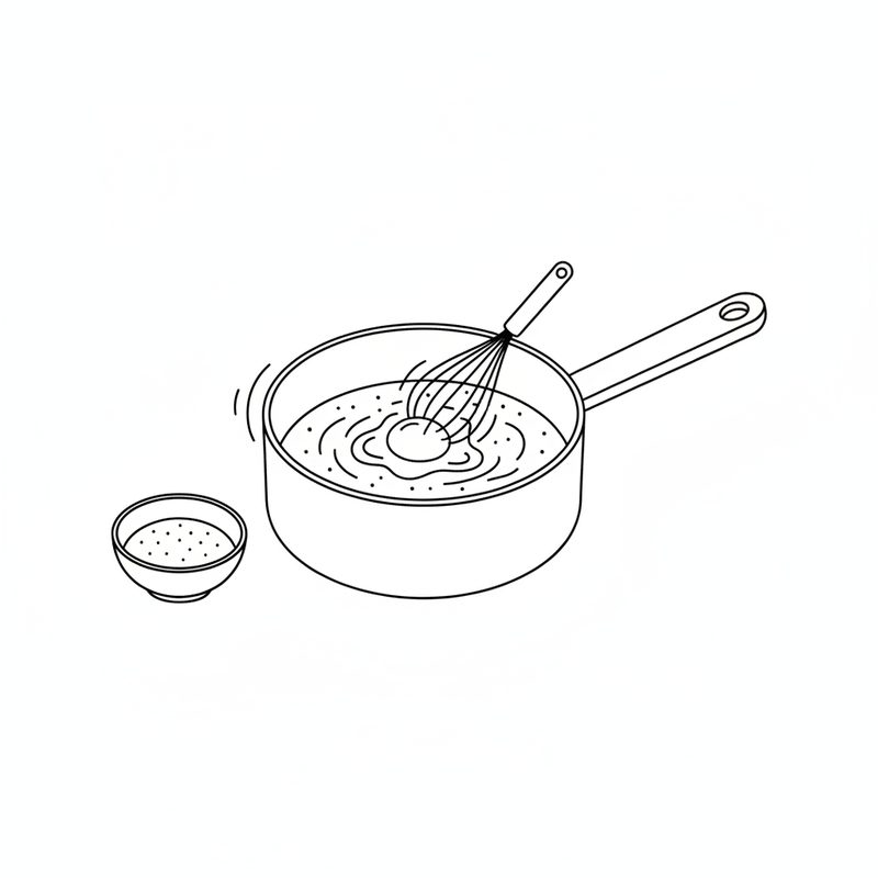 Line drawing of a whisk beating an egg into melted butter in a saucepan, a small bowl of sugar beside it