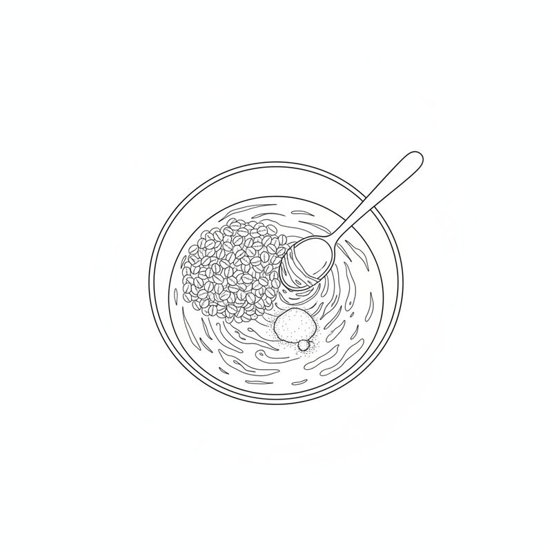Line drawing of a bowl seen from above with a heap of rolled oats and a spoonful of flour being stirred into a pale batter