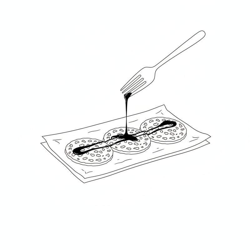 Line drawing of a fork drizzling melted chocolate across three thin round oat cookies on baking paper