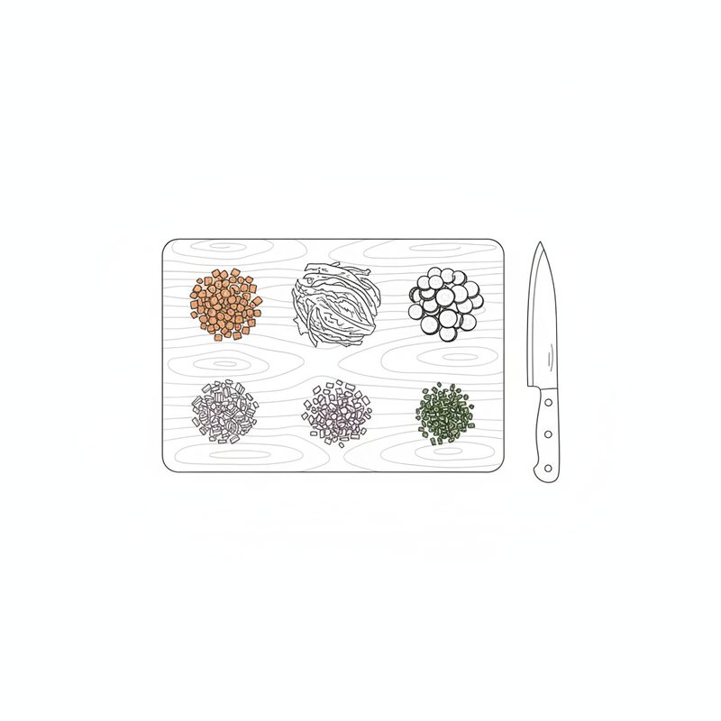Line drawing of a wooden chopping board with six small piles of chopped vegetables: diced carrot, shredded cabbage, sliced pickle, chopped onion, and chopped chives, with a chef's knife beside it
