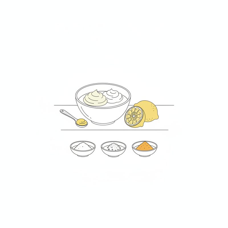 Line drawing of a mixing bowl with two dollops of mayonnaise and sour cream, a spoonful of mustard, a halved lemon and three small dishes of sugar, salt and turmeric