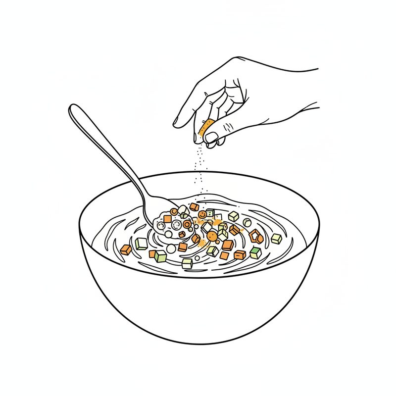Line drawing of a hand sprinkling turmeric over a bowl of creamy sauce with diced vegetables being folded in with a spoon