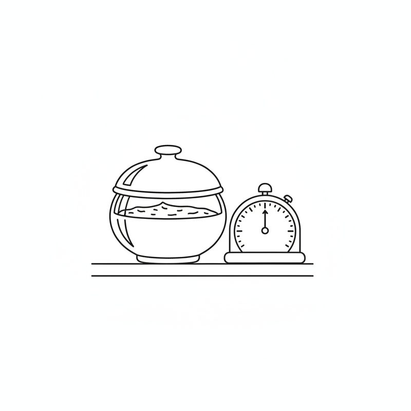 Line drawing of a covered glass bowl of sauce on a shelf next to a kitchen timer