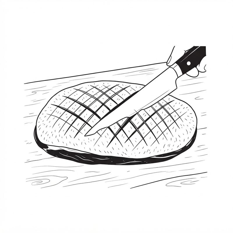 Line drawing of a chef's knife scoring a diamond crosshatch pattern into the skin of a raw duck breast on a wooden board