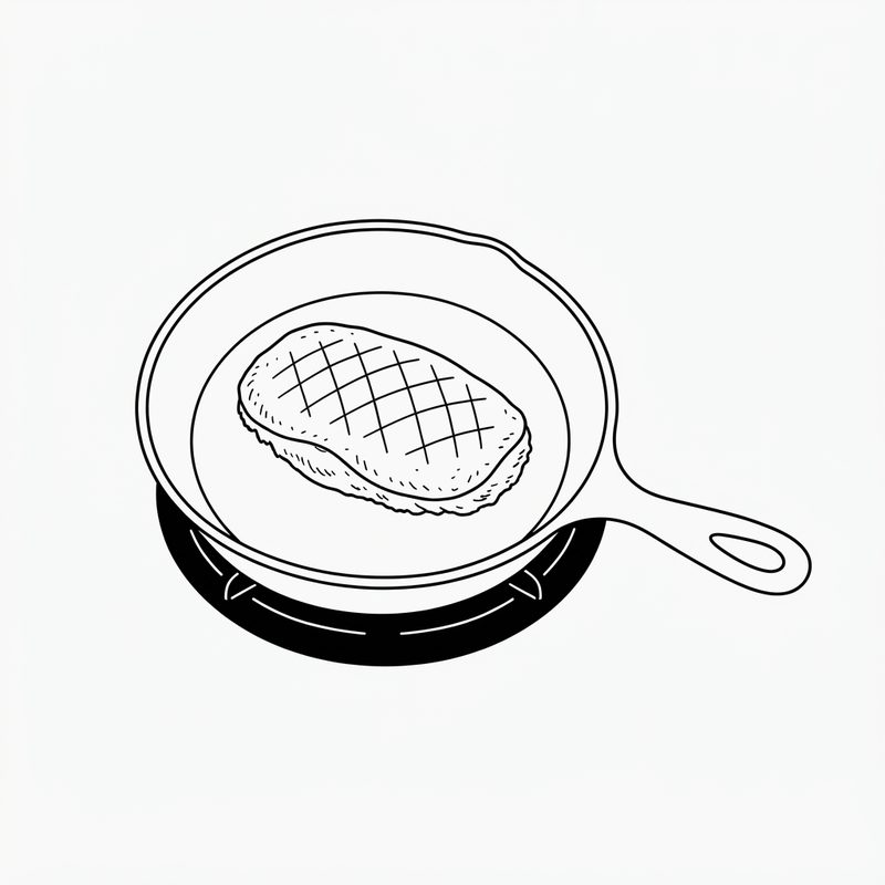Line drawing of a scored duck breast lying in an empty frying pan on a stove burner