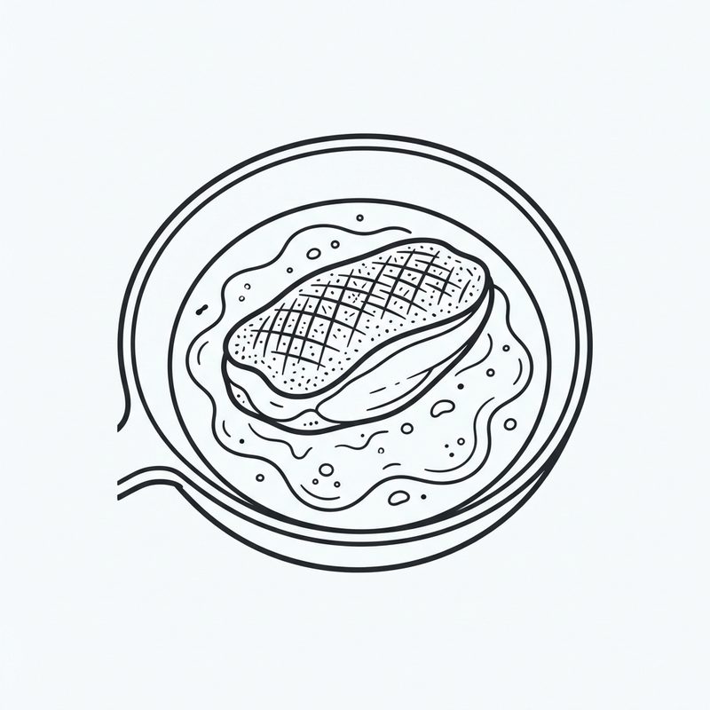 Line drawing of a scored duck breast frying in a pan surrounded by melted fat