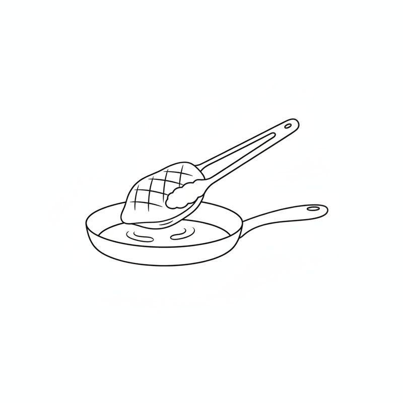 Line drawing of kitchen tongs lifting a scored duck breast in a frying pan to turn it