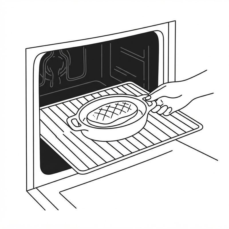 Line drawing of hands sliding a scored duck breast in an oval ovenproof dish onto the rack of an open oven