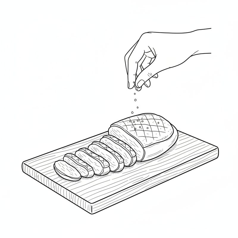 Line drawing of a hand sprinkling salt over a duck breast sliced on a wooden cutting board