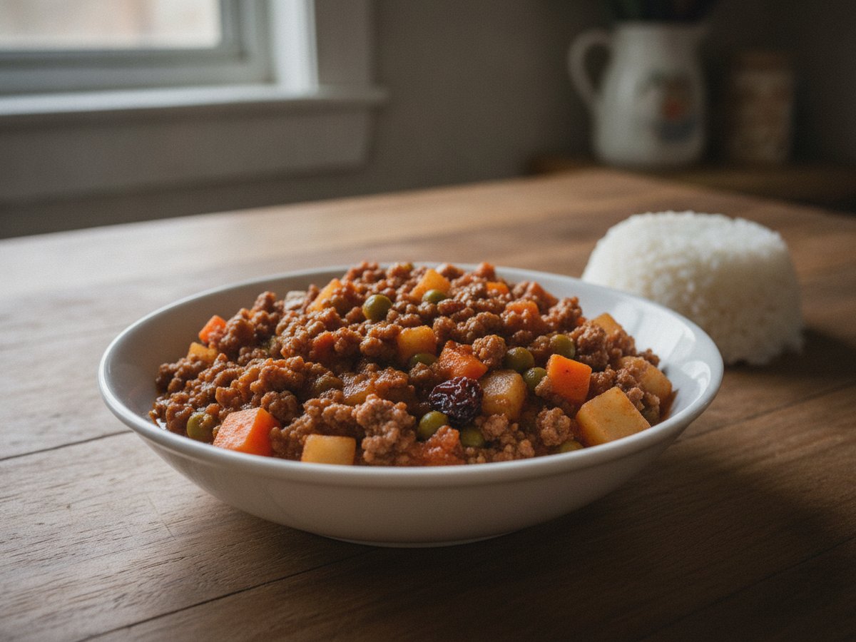 A white bowl of Filipino picadillo, browned ground beef with diced potato, carrot, green peas and a raisin, beside a mound of steamed white rice on a wooden table