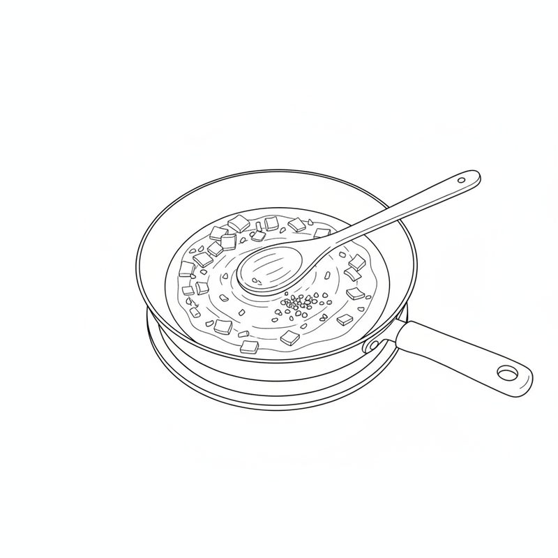 Line drawing of a frying pan on a burner with chopped onion and minced garlic softening in oil, a spoon resting in the pan