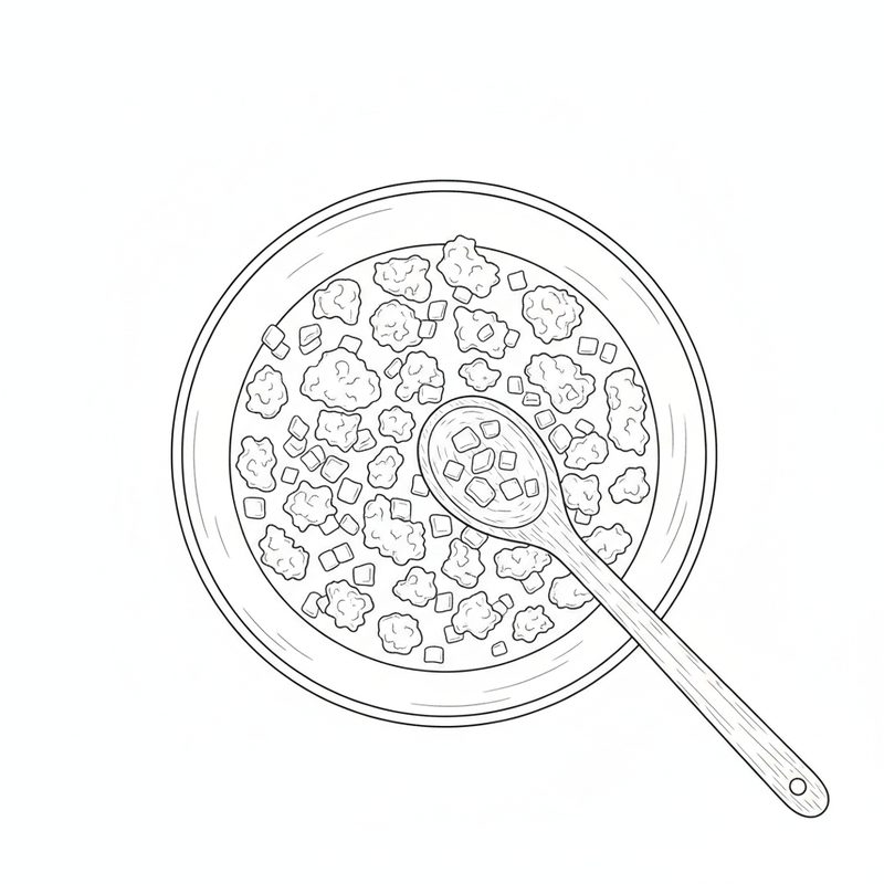 Line drawing seen from above of ground beef crumbles and chopped onion in a frying pan with a wooden spoon