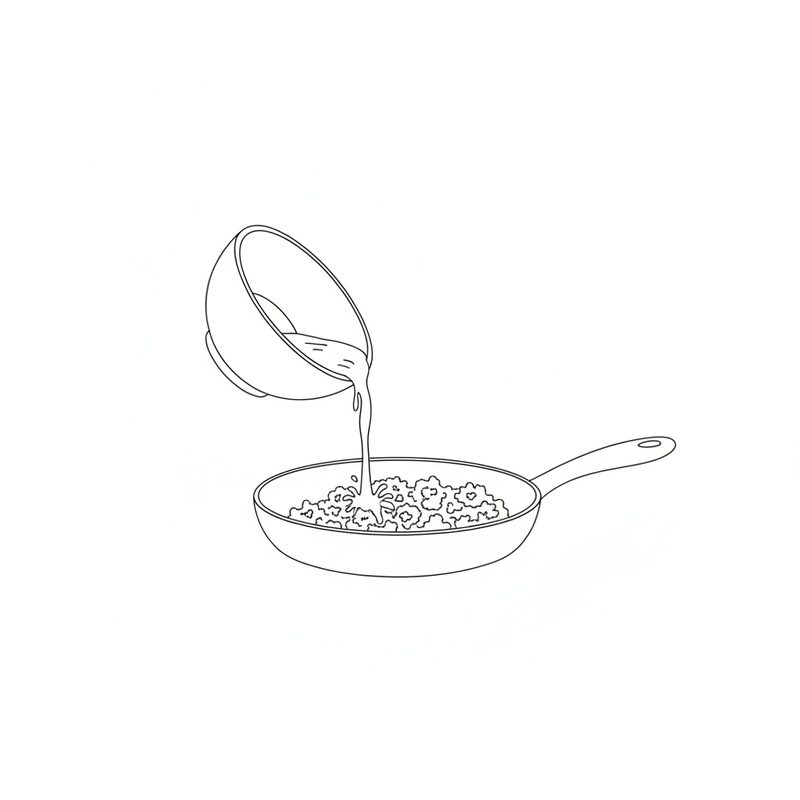 Line drawing of sauce being poured from a bowl into a frying pan of browned ground beef