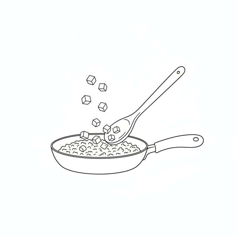 Line drawing of diced potato and carrot cubes dropping from a spoon into a pan of ground beef
