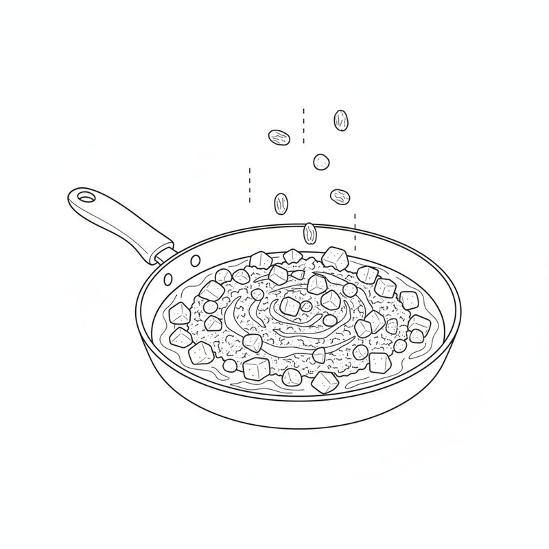 Line drawing of peas and raisins falling into a frying pan of ground beef with diced vegetables in sauce