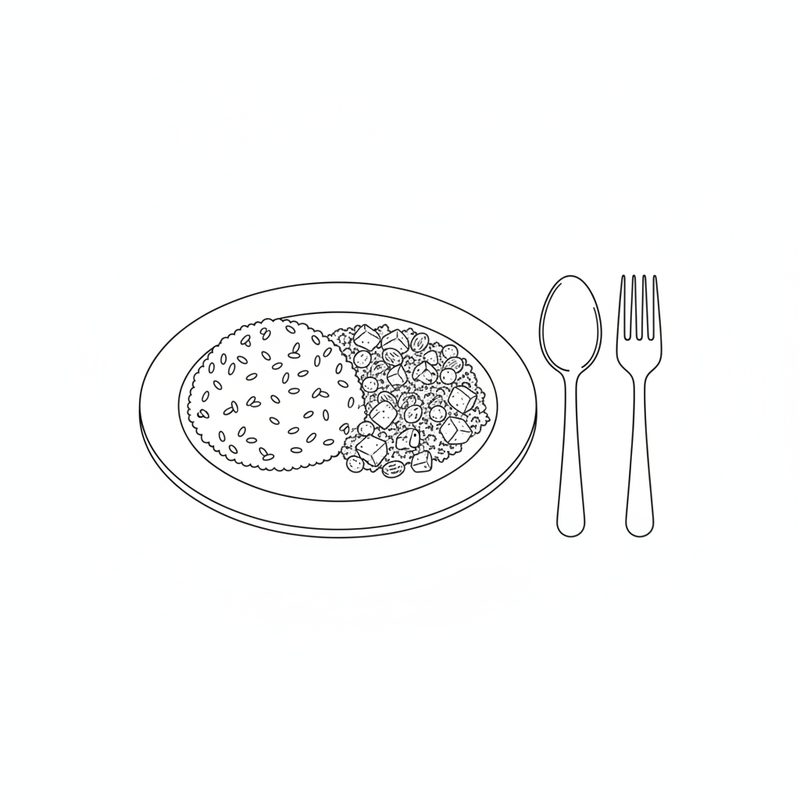 Line drawing of a plate with a mound of rice and picadillo with diced vegetables beside it, a spoon and fork to the right