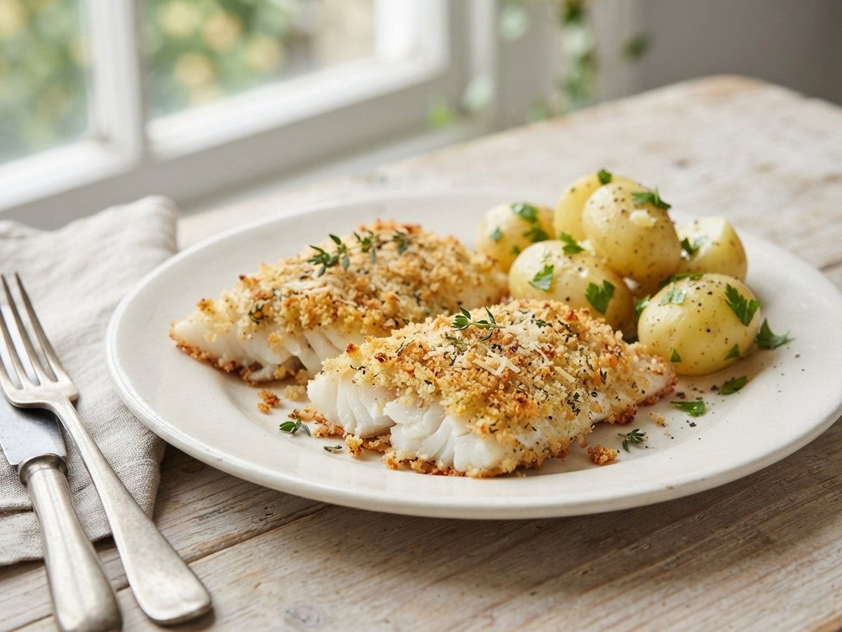Breaded Fish Fillet with Lemon, Parmesan and Thyme Crumbs