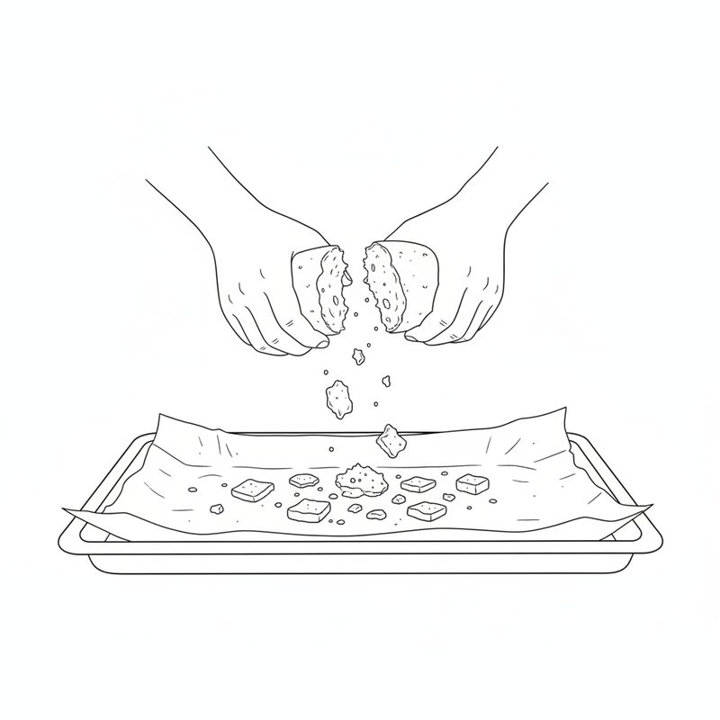 Line drawing of two hands tearing a piece of white bread into small pieces over a baking sheet lined with baking paper