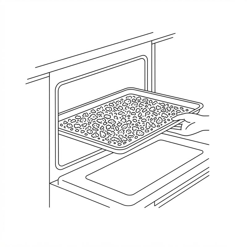 Line drawing of a hand sliding a baking sheet covered in bread crumbs into an open oven