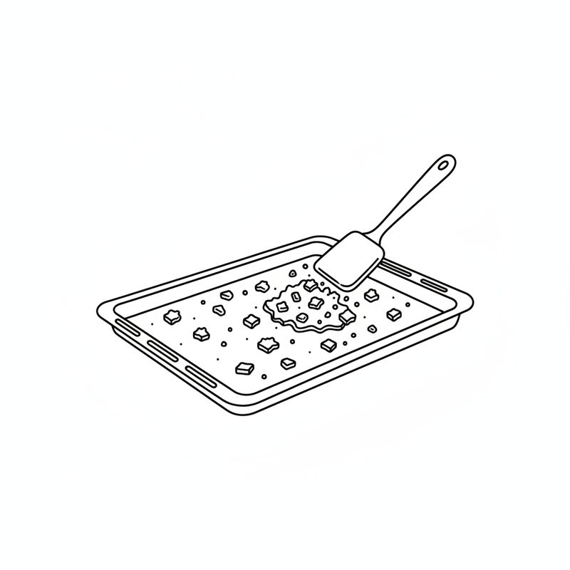 Line drawing of a spatula turning bread crumbs on a baking sheet