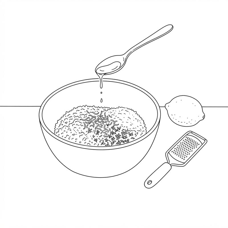 Line drawing of a spoon drizzling oil into a bowl of bread crumbs and chopped herbs, with a lemon and a fine grater beside the bowl