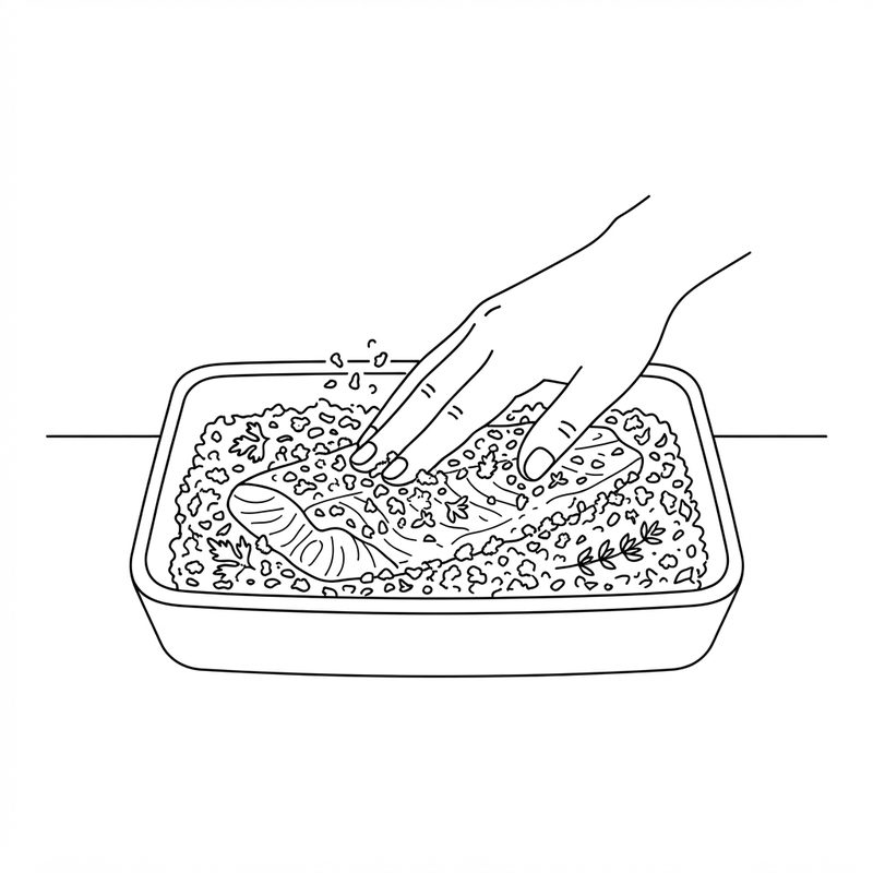 Line drawing of a hand pressing a fish fillet into a dish of herb bread crumbs