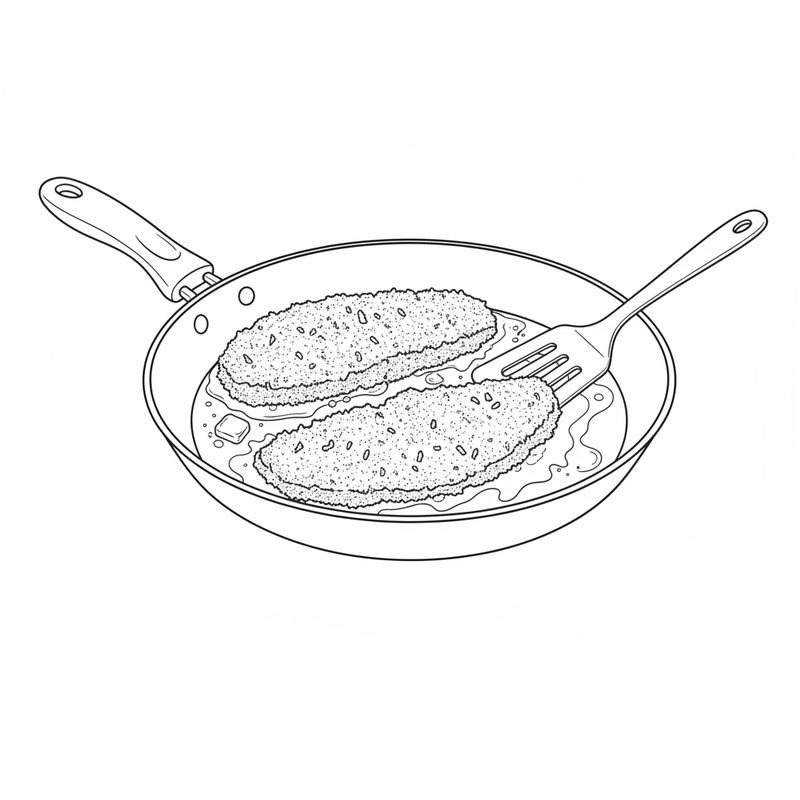 Line drawing of two crumb-coated fish fillets frying in melted butter in a frying pan, with a spatula beside them