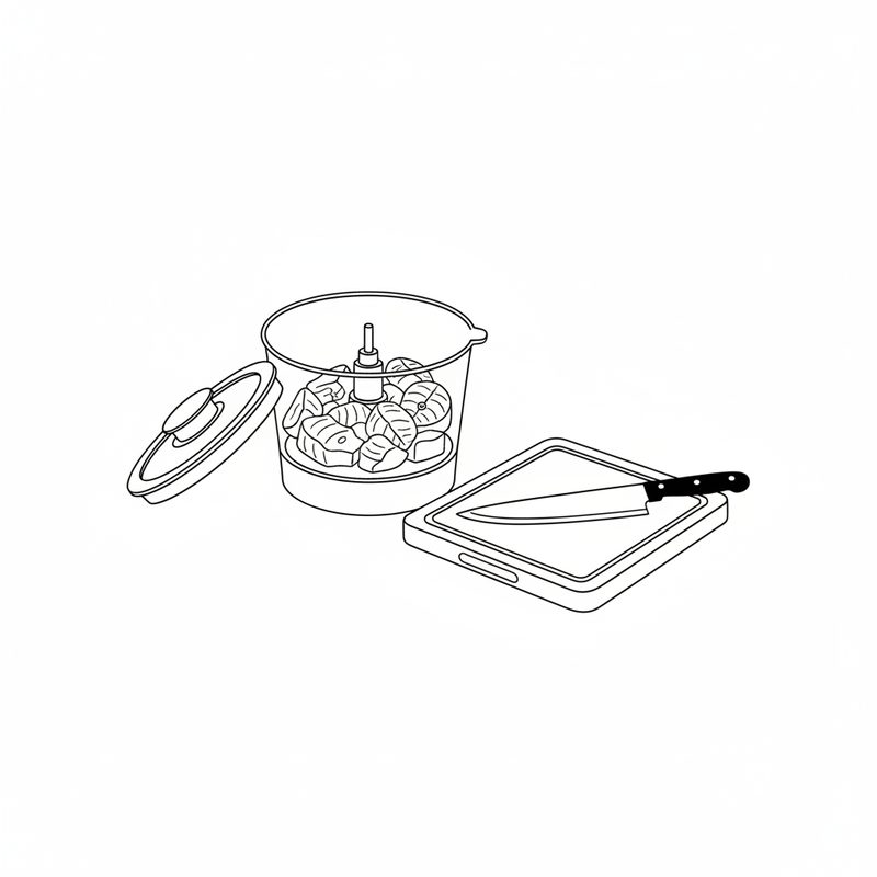 Line drawing of chunks of white fish in an open food processor bowl, its lid set aside, with a knife on a cutting board beside it