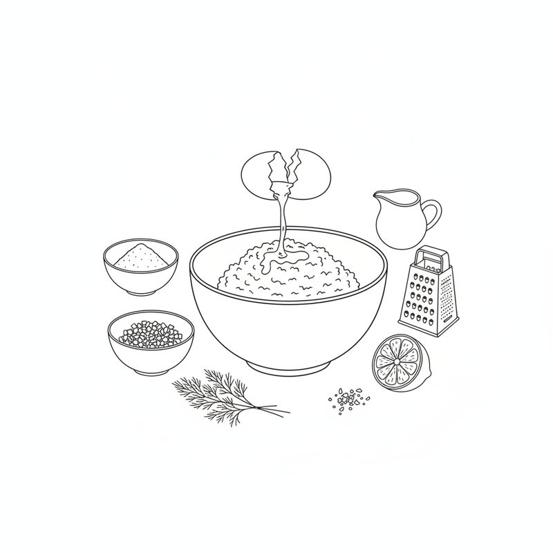 Line drawing of an egg being cracked into a bowl of fish mixture, with small bowls of flour and chopped onion, sprigs of dill, a halved lemon, a box grater and a jug of cream around it