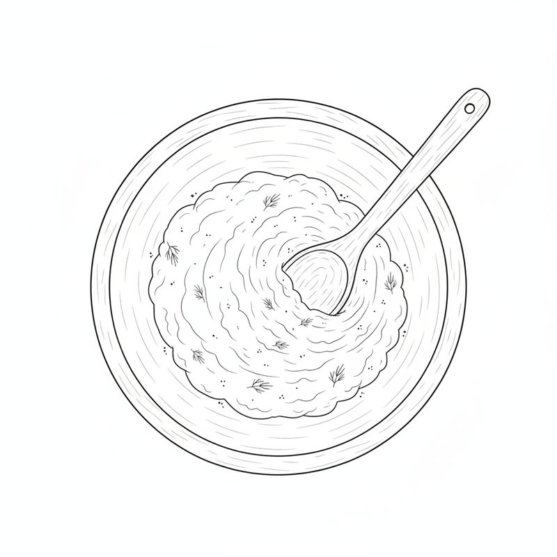 Line drawing of a wooden spoon in a large bowl of thick fish mixture flecked with herbs