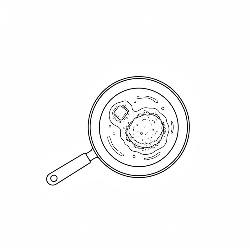Line drawing of a frying pan seen from above with a pat of butter melting beside one small test fish cake