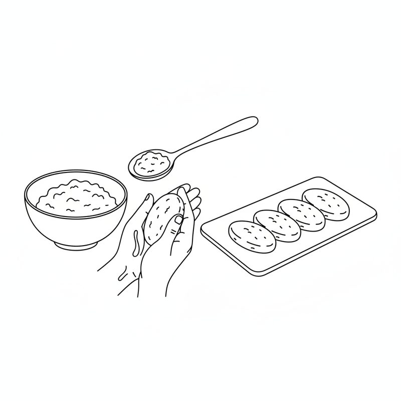 Line drawing of hands shaping an oval fish cake from a spoonful of mixture, a bowl of mixture and a board of shaped oval cakes beside them