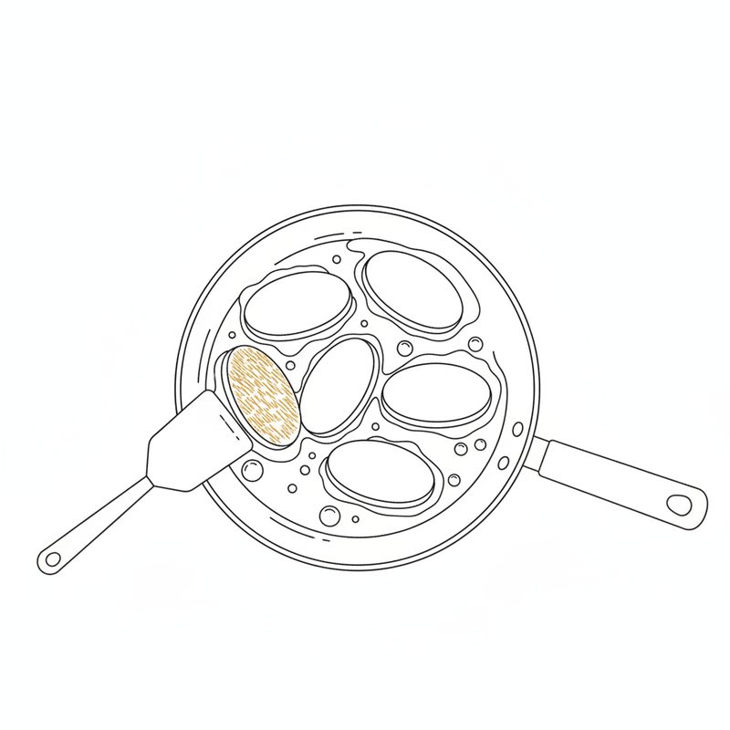 Line drawing of oval fish cakes frying in a pan while a spatula turns one to show its golden underside