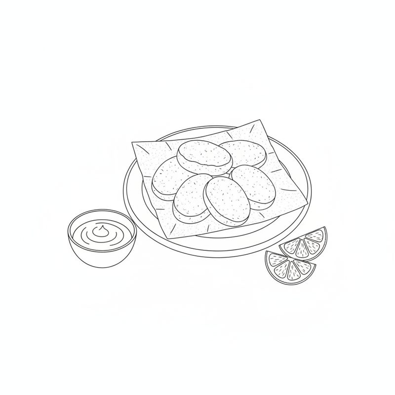 Line drawing of fried fish cakes on a paper-lined plate with a small bowl of sauce and lemon slices