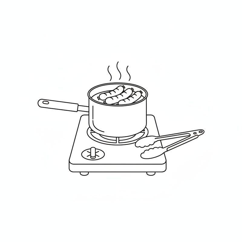 Line drawing of a saucepan of hot water on a stovetop burner with several sausages in it, steam rising, and a pair of tongs beside it
