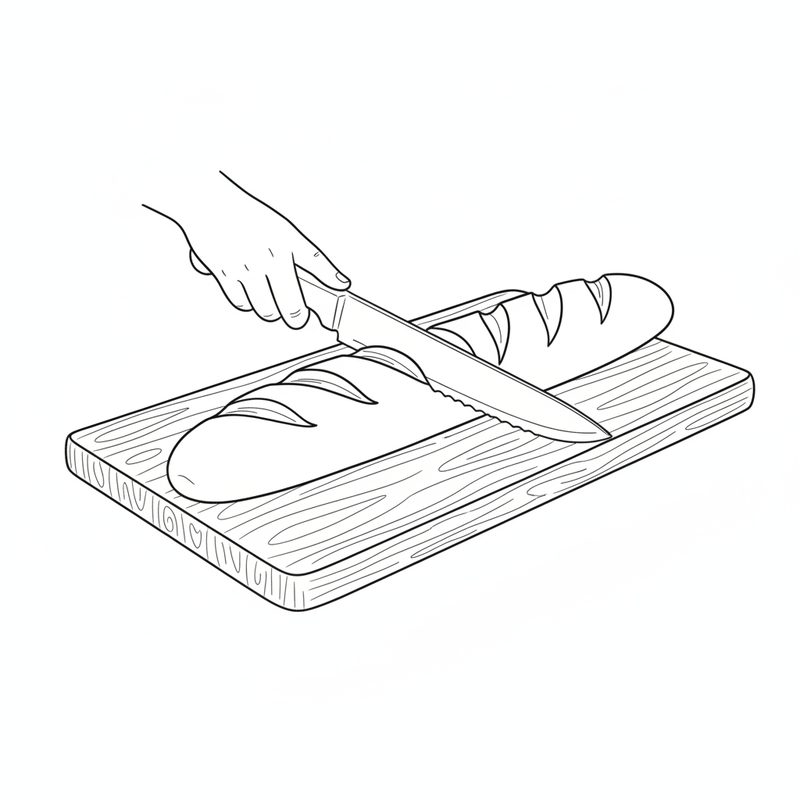 Line drawing of a hand cutting a baguette in half crosswise with a bread knife on a wooden board