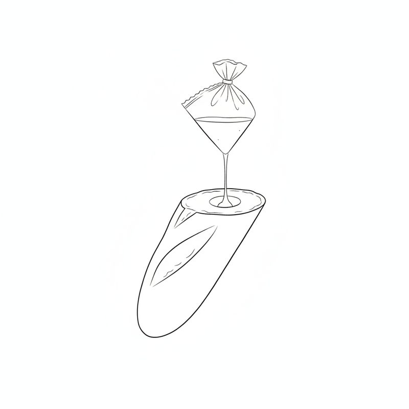 Line drawing of a small knotted food bag with a snipped tip dripping dressing into a round hole in the cut end of a piece of baguette