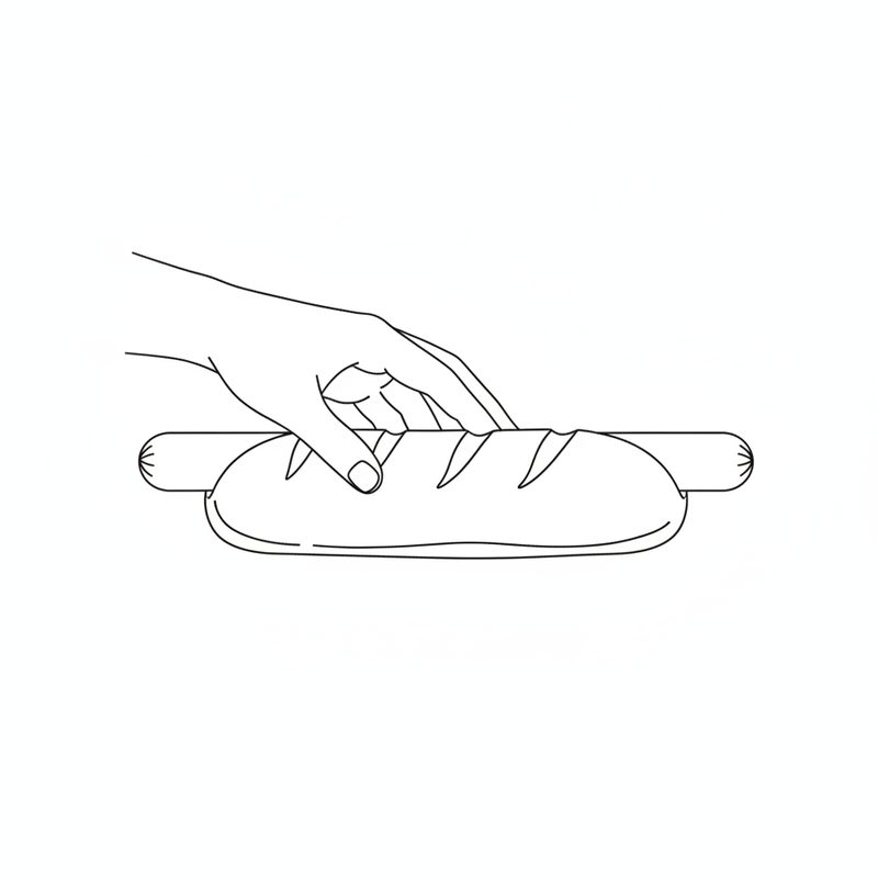 Line drawing of a hand holding a piece of baguette with a sausage inside it, the sausage showing at both ends