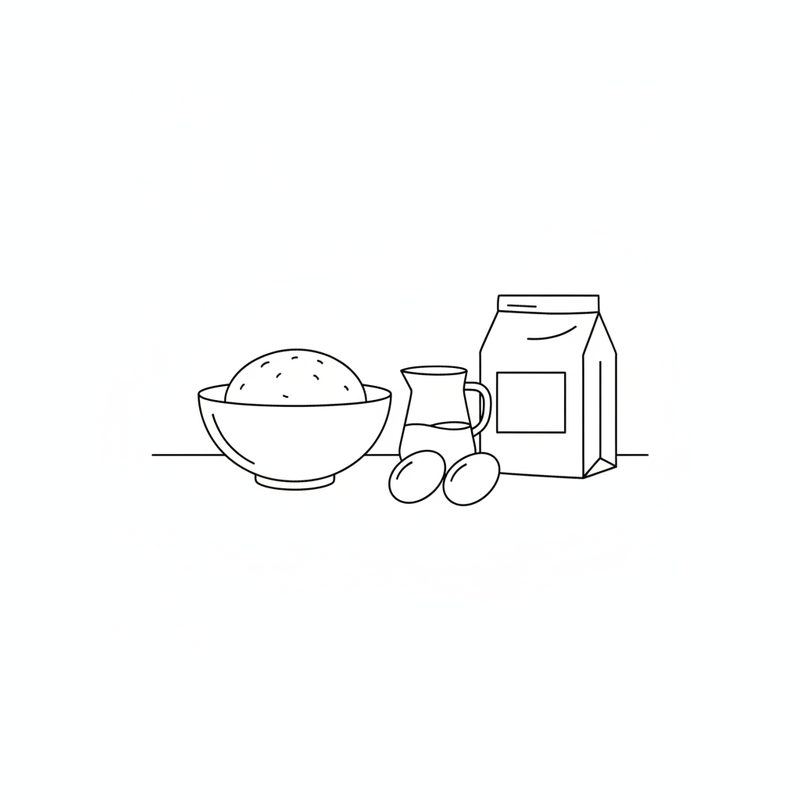 Line drawing of a mixing bowl holding a round ball of dough, with a small jug of water, two eggs and a bag of flour beside it