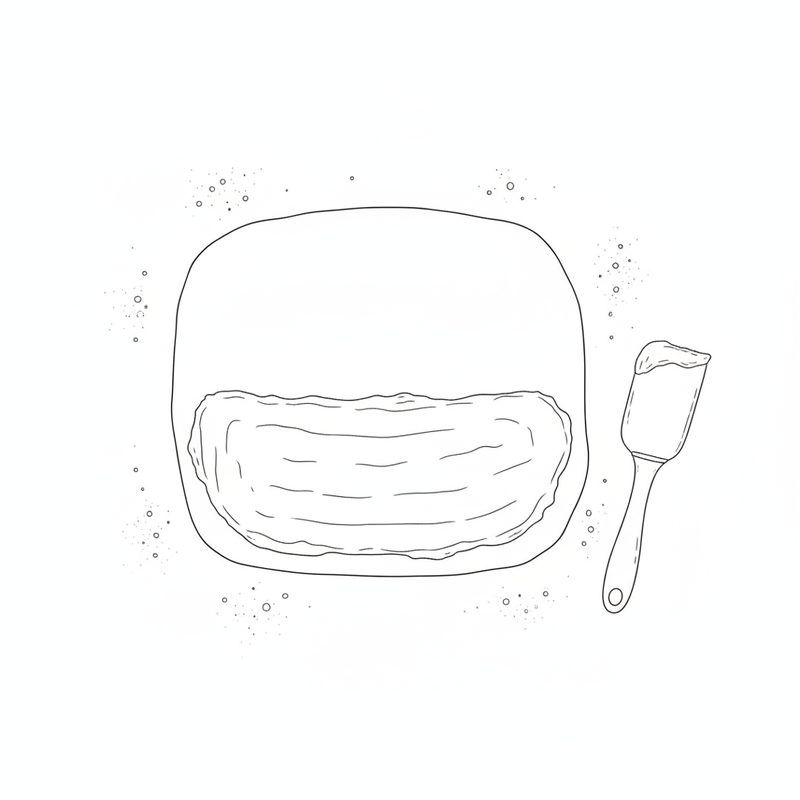 Line drawing of a rolled rectangle of dough with the lower half spread with a layer of filling, and a spatula beside it