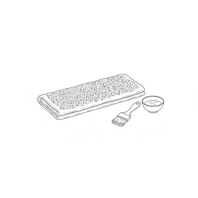 Line drawing of a long folded strip of pastry dough covered on top with seeds, with a pastry brush and a small bowl of beaten egg